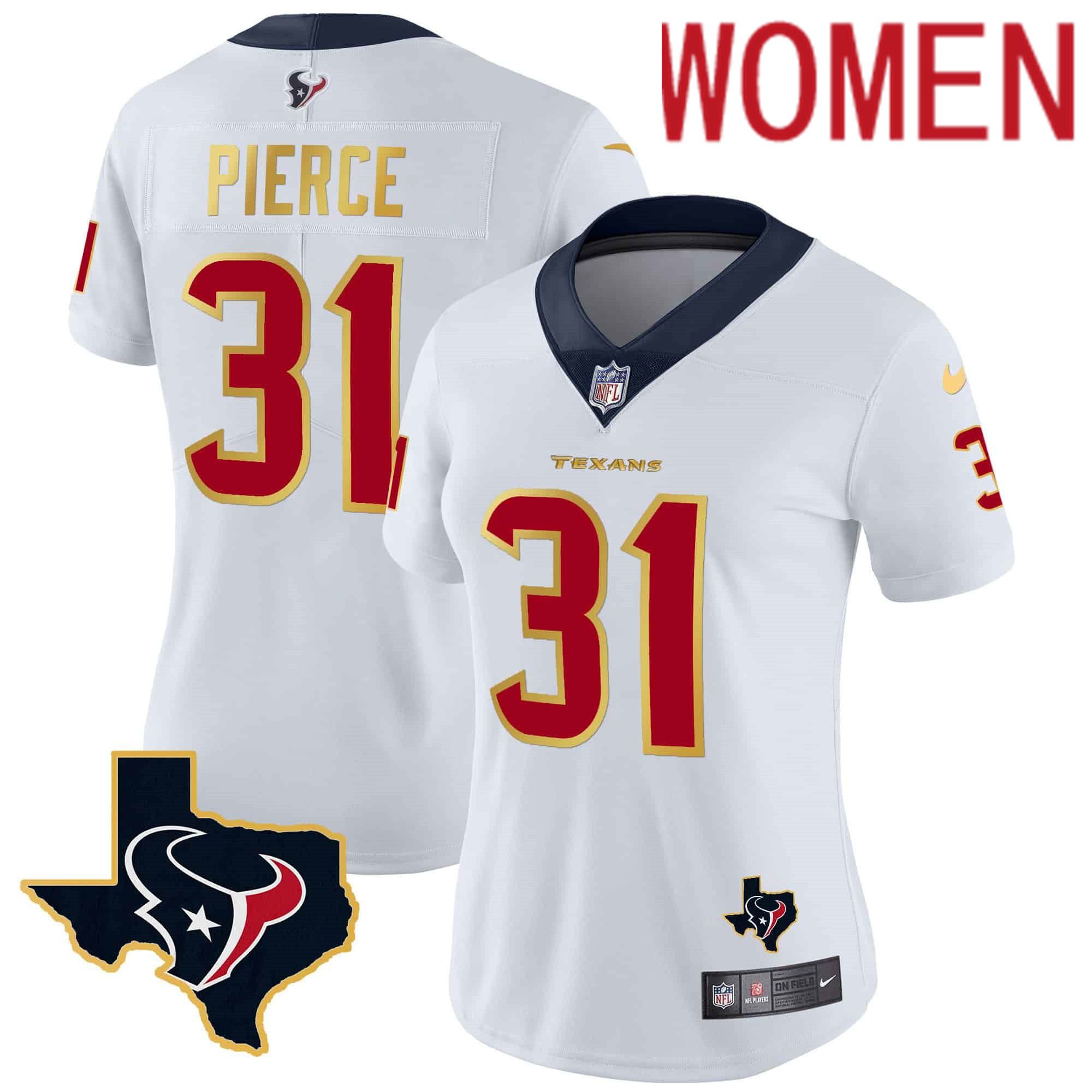 Women Houston Texans #31 Pierce White Gold 2024 Nike Trim Vapor NFL Jersey->women nfl jersey->Women Jersey